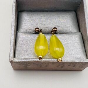 Vintage Yellow Teardrop Dangle Earrings Gold Tone Post Back Translucent Beads